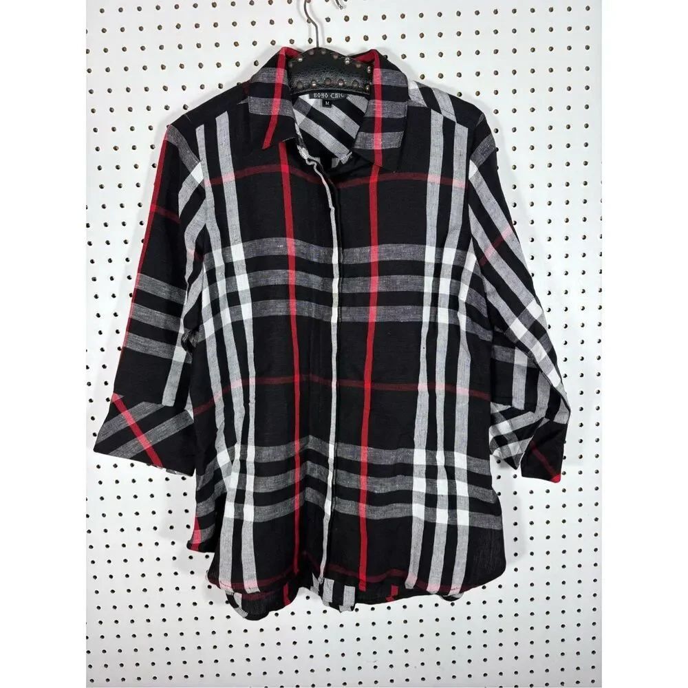 Boho Chic plaid linen blend button down top size M